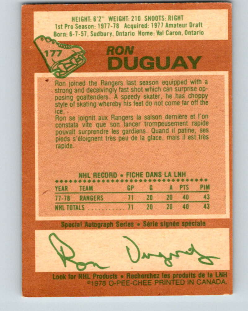 1978-79 O-Pee-Chee #177 Ron Duguay RC Rookie Rangers V23386