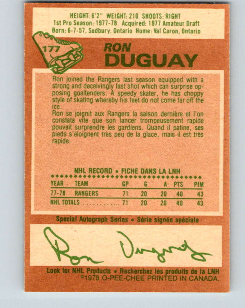 1978-79 O-Pee-Chee #177 Ron Duguay RC Rookie Rangers V23387