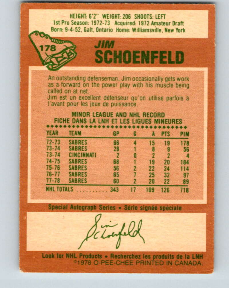 1978-79 O-Pee-Chee #178 Jim Schoenfeld Buffalo Sabres V23388