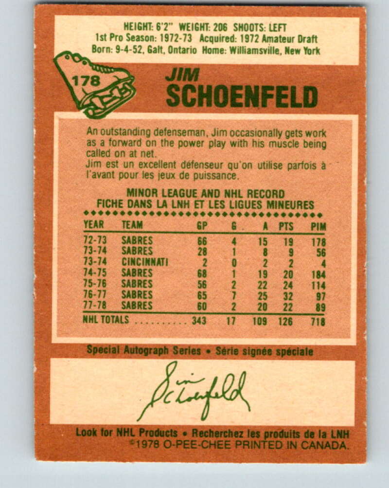 1978-79 O-Pee-Chee #178 Jim Schoenfeld Buffalo Sabres V23394