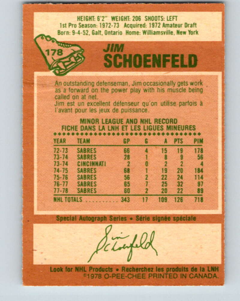 1978-79 O-Pee-Chee #178 Jim Schoenfeld Buffalo Sabres V23396