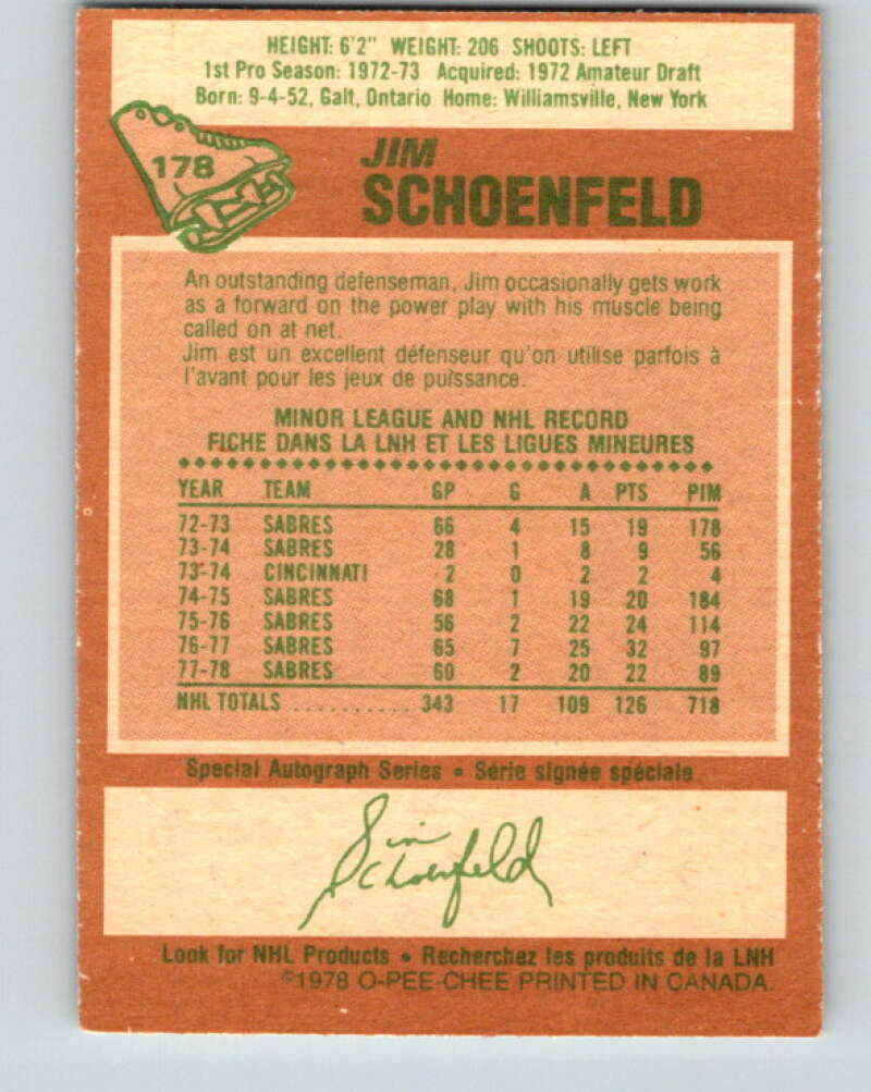 1978-79 O-Pee-Chee #178 Jim Schoenfeld Buffalo Sabres V23397