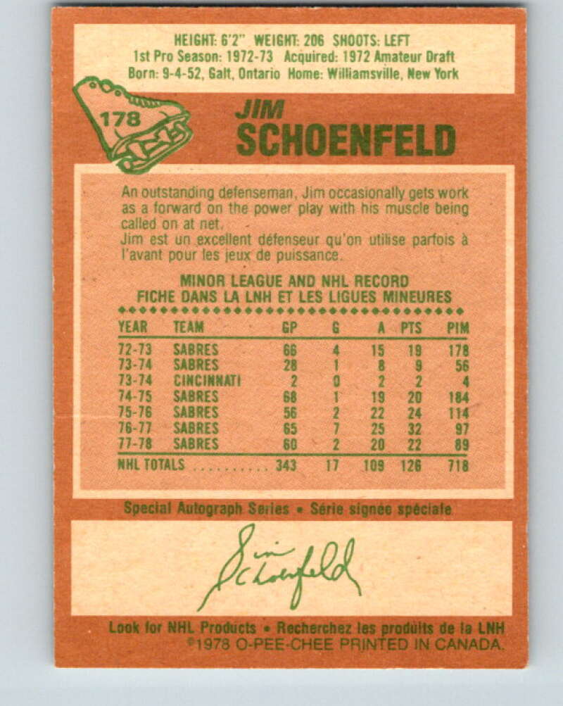 1978-79 O-Pee-Chee #178 Jim Schoenfeld Buffalo Sabres V23398