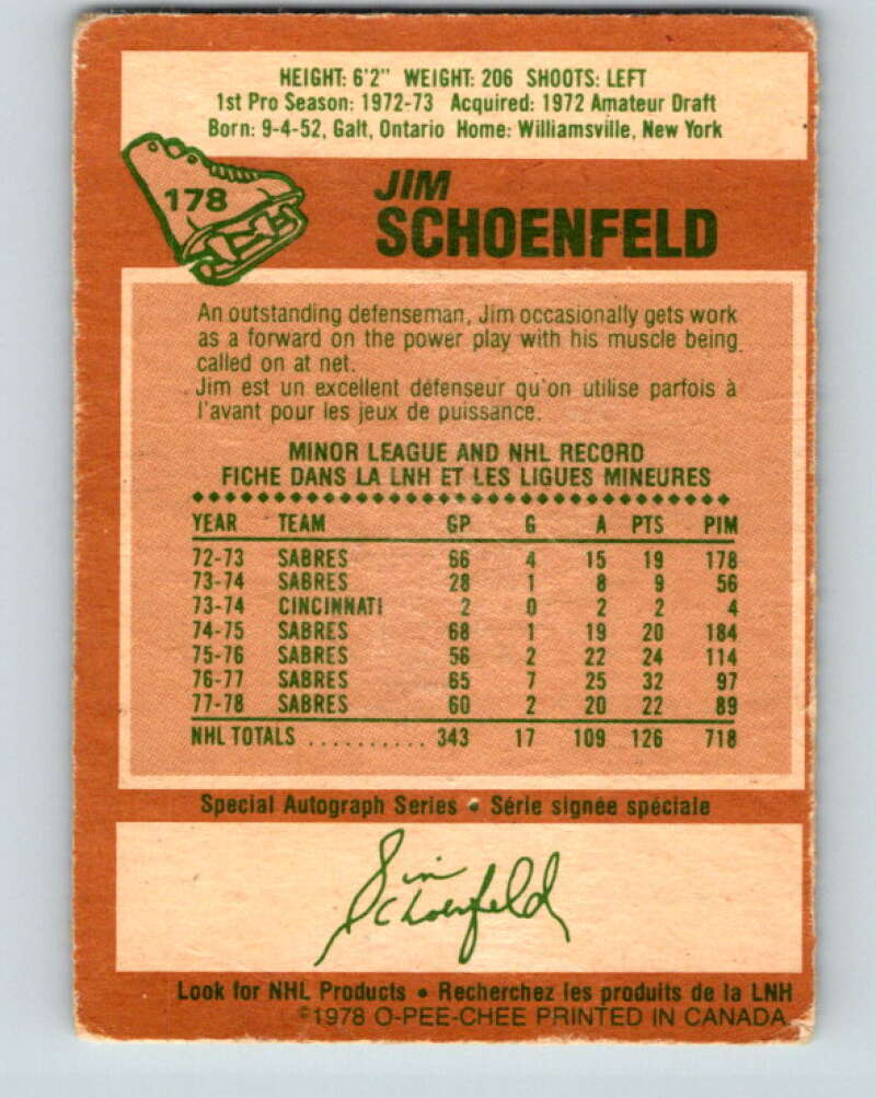 1978-79 O-Pee-Chee #178 Jim Schoenfeld Buffalo Sabres V23400