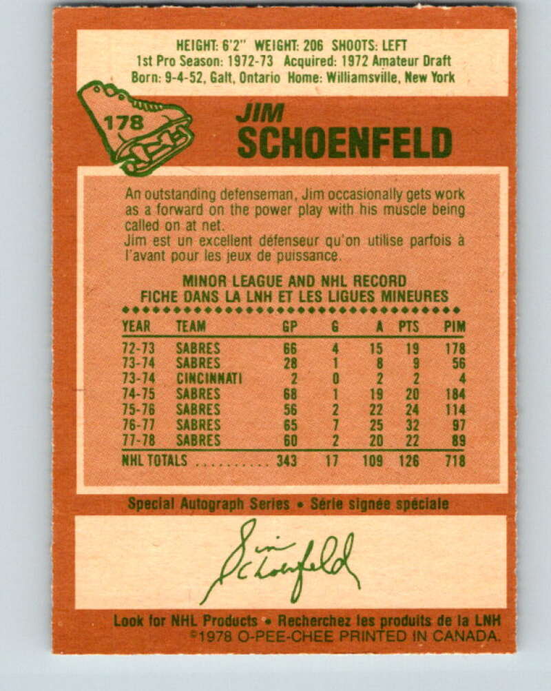 1978-79 O-Pee-Chee #178 Jim Schoenfeld Buffalo Sabres V23401