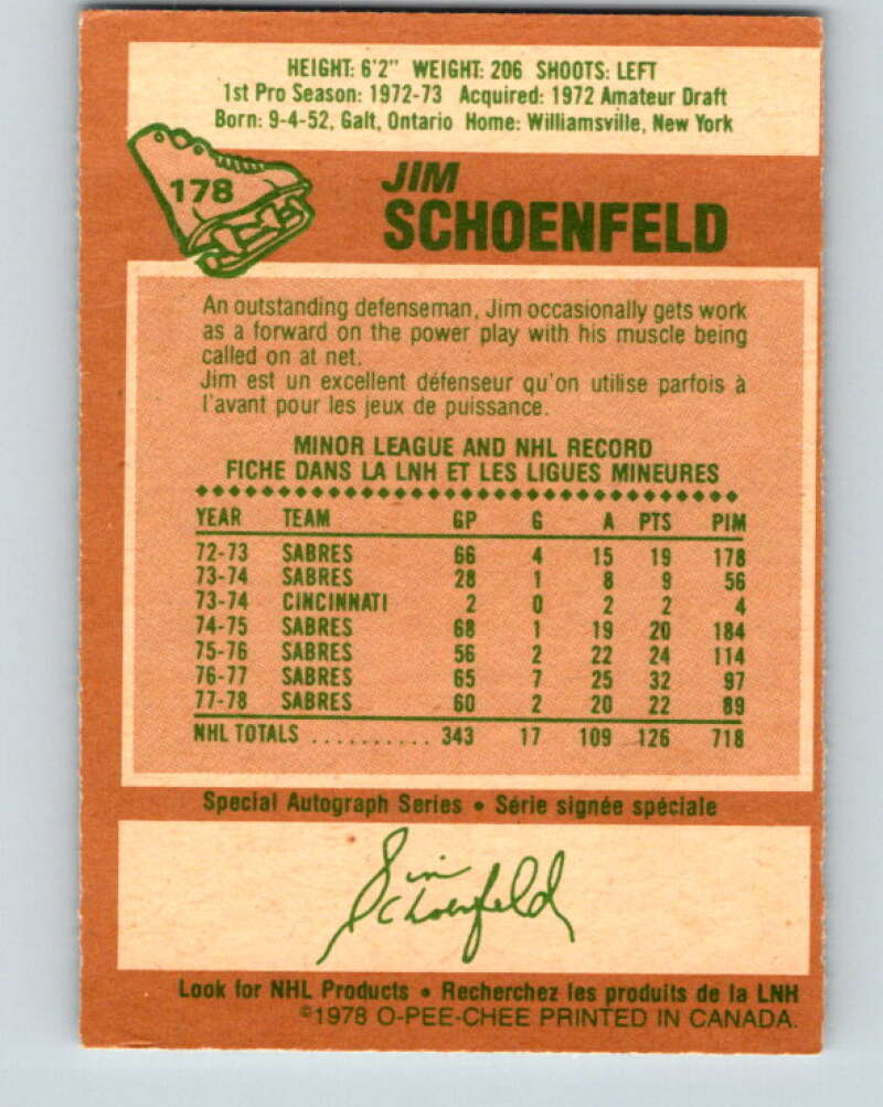 1978-79 O-Pee-Chee #178 Jim Schoenfeld Buffalo Sabres V23404