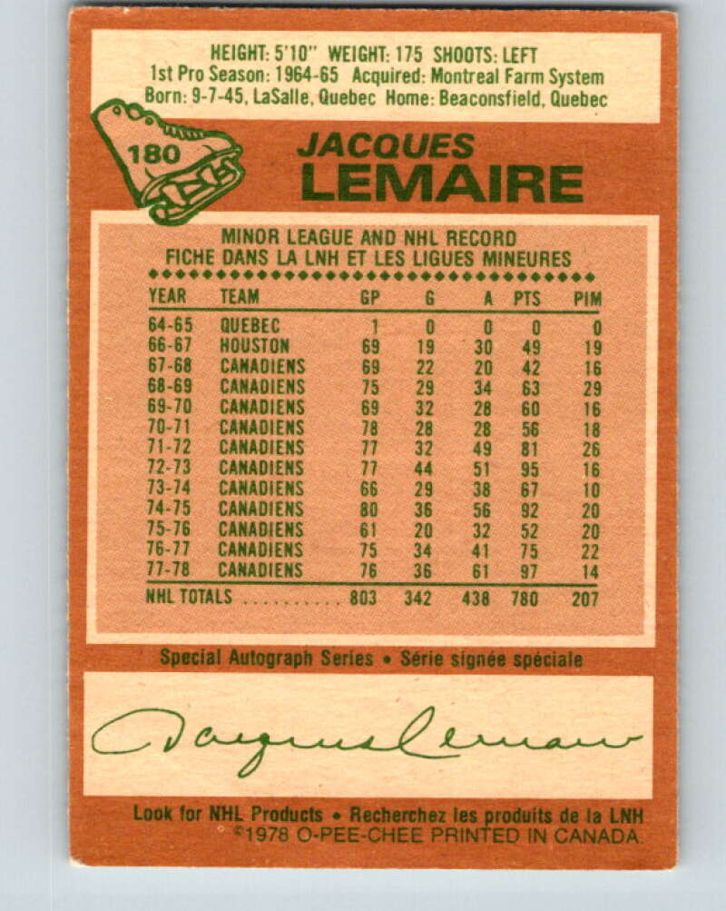 1978-79 O-Pee-Chee #180 Jacques Lemaire Canadiens V23429