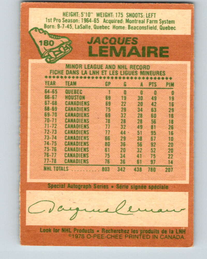 1978-79 O-Pee-Chee #180 Jacques Lemaire Canadiens V23432