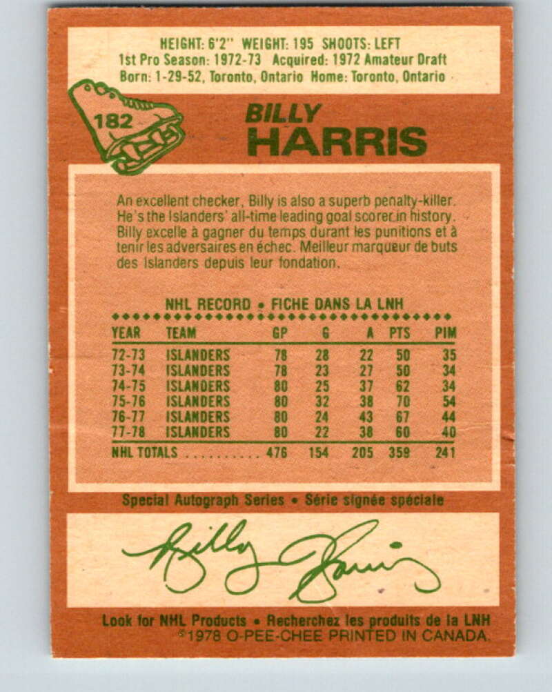 1978-79 O-Pee-Chee #182 Billy Harris New York Islanders V23449