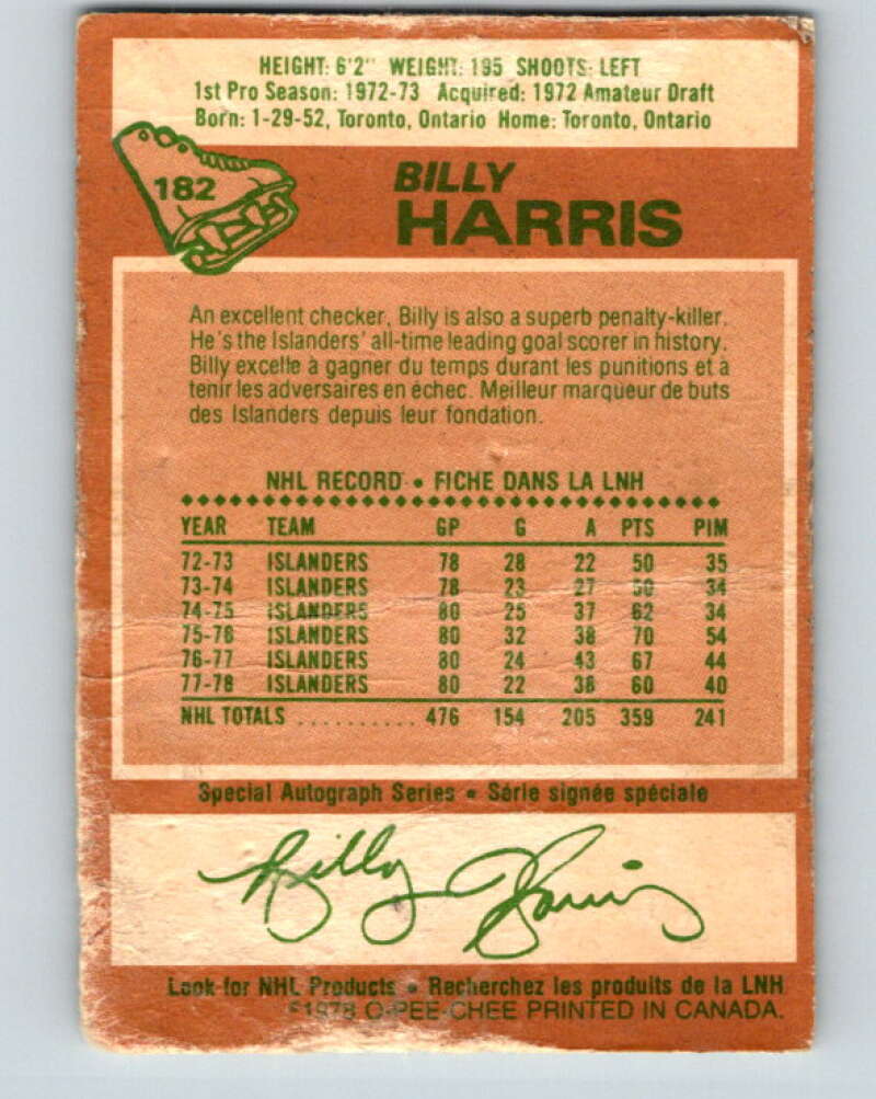 1978-79 O-Pee-Chee #182 Billy Harris New York Islanders V23450