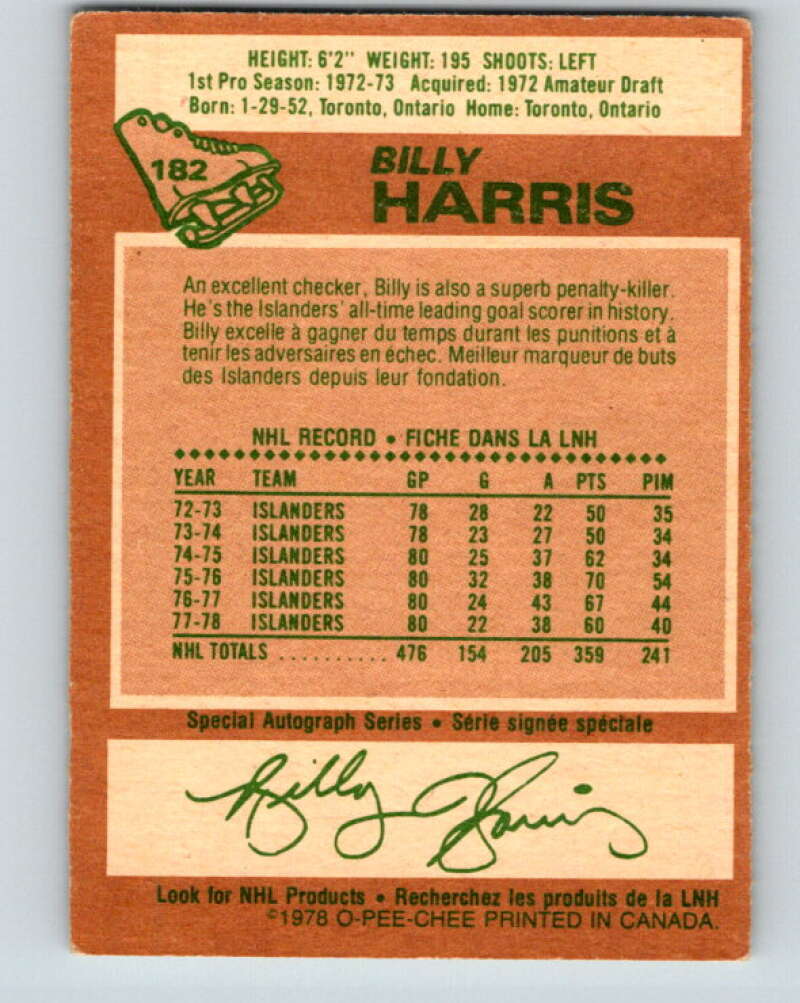 1978-79 O-Pee-Chee #182 Billy Harris New York Islanders V23451