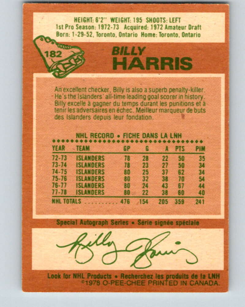 1978-79 O-Pee-Chee #182 Billy Harris New York Islanders V23452