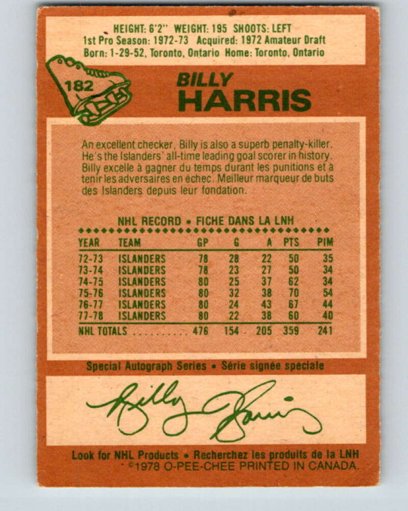 1978-79 O-Pee-Chee #182 Billy Harris New York Islanders V23453