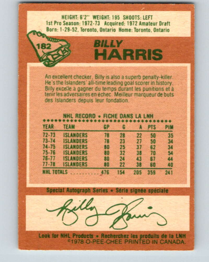 1978-79 O-Pee-Chee #182 Billy Harris New York Islanders V23454
