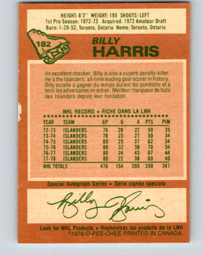 1978-79 O-Pee-Chee #182 Billy Harris New York Islanders V23456