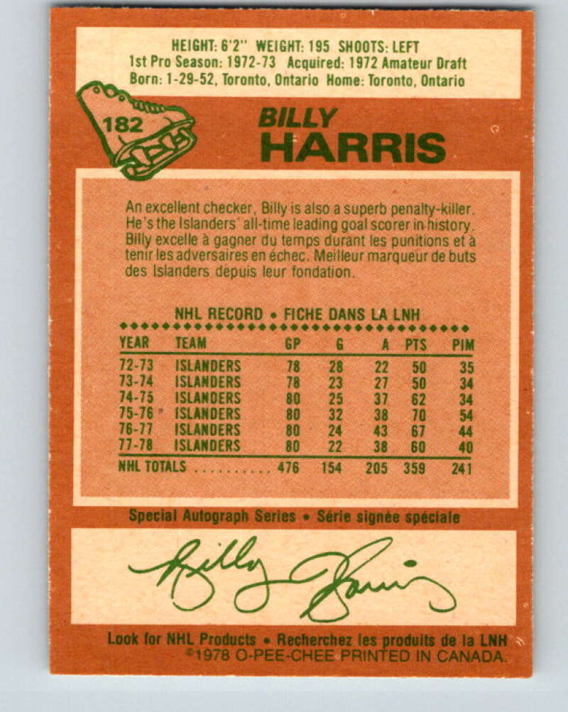 1978-79 O-Pee-Chee #182 Billy Harris New York Islanders V23457