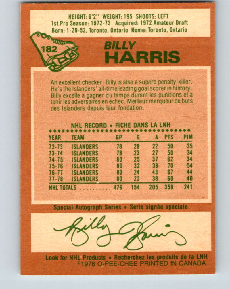 1978-79 O-Pee-Chee #182 Billy Harris New York Islanders V23458
