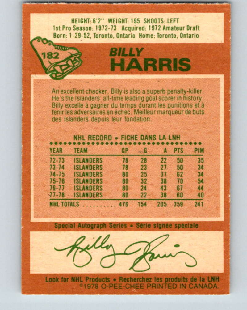 1978-79 O-Pee-Chee #182 Billy Harris New York Islanders V23459