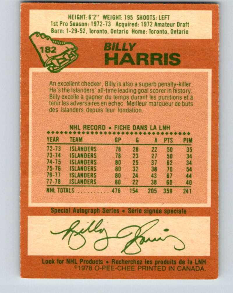 1978-79 O-Pee-Chee #182 Billy Harris New York Islanders V23460
