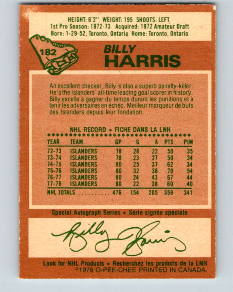 1978-79 O-Pee-Chee #182 Billy Harris New York Islanders V23461