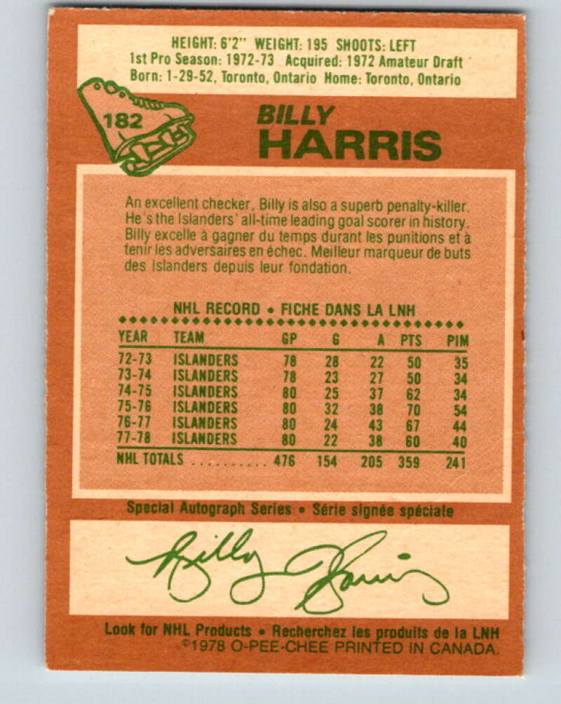 1978-79 O-Pee-Chee #182 Billy Harris New York Islanders V23462