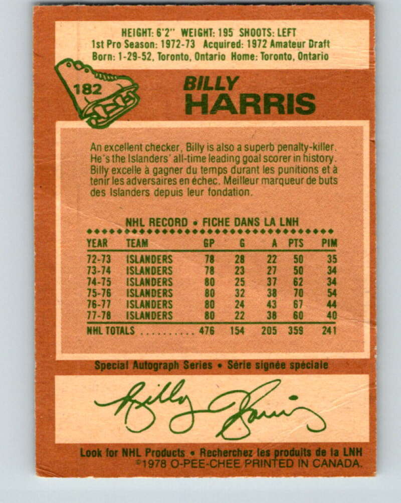 1978-79 O-Pee-Chee #182 Billy Harris New York Islanders V23463