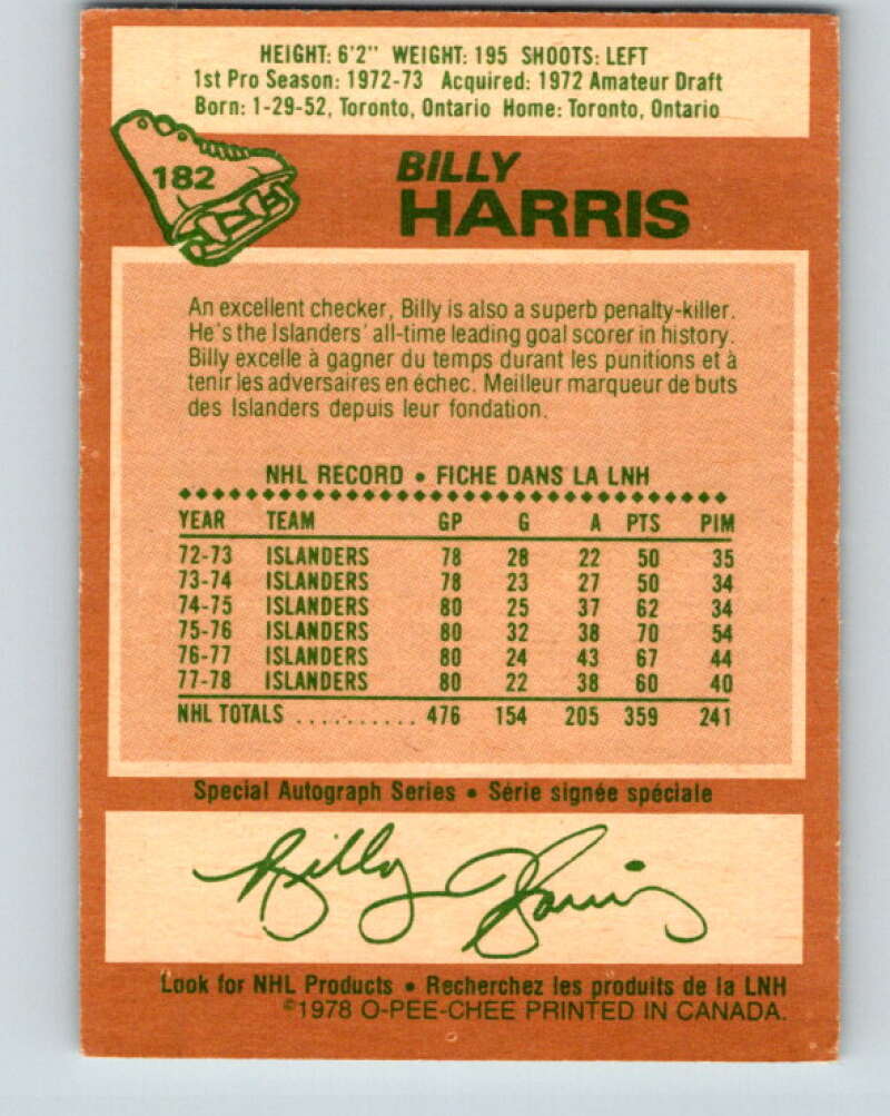 1978-79 O-Pee-Chee #182 Billy Harris New York Islanders V23464