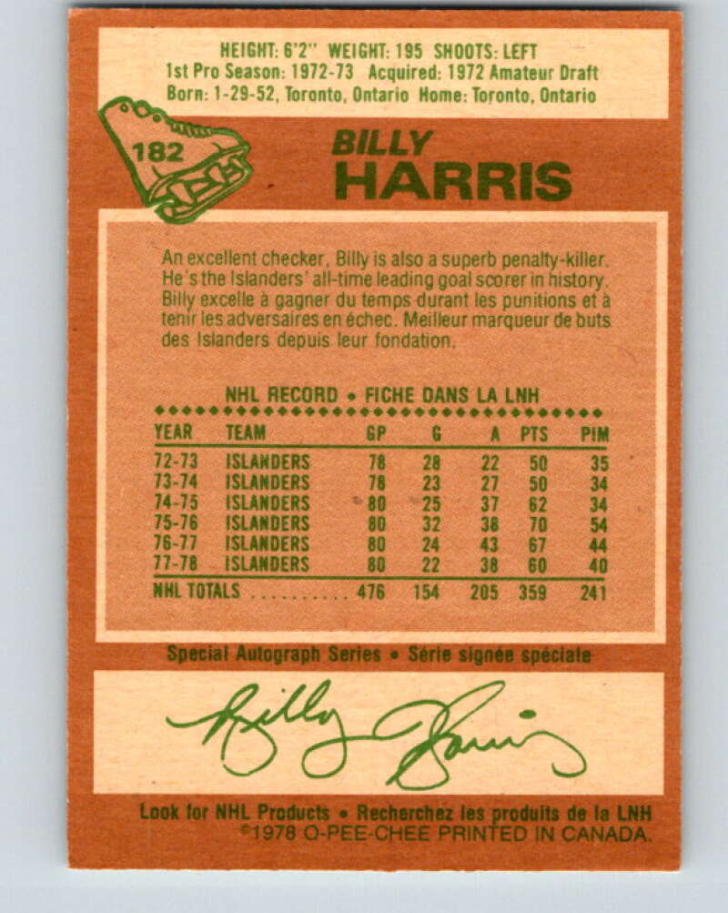 1978-79 O-Pee-Chee #182 Billy Harris New York Islanders V23467