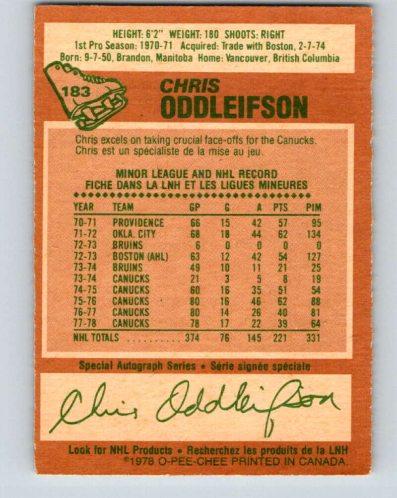 1978-79 O-Pee-Chee #183 Chris Oddleifson Canucks V23469