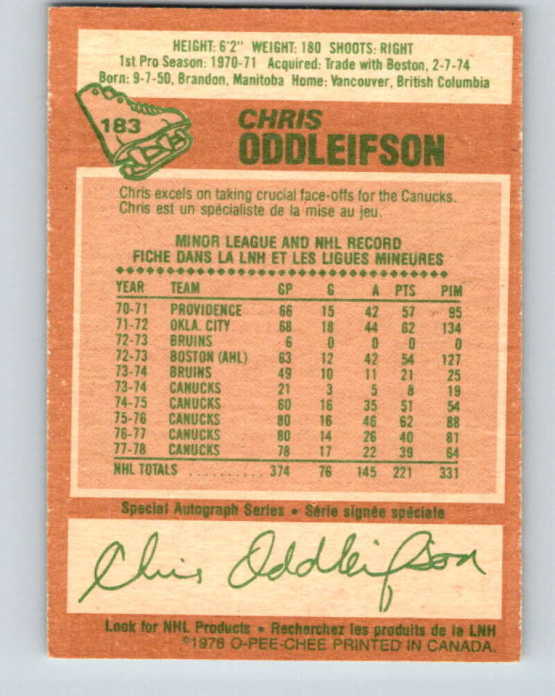 1978-79 O-Pee-Chee #183 Chris Oddleifson Canucks V23473