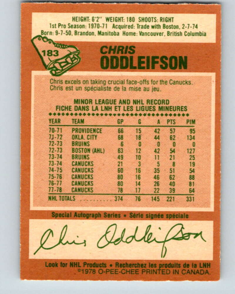 1978-79 O-Pee-Chee #183 Chris Oddleifson Canucks V23474