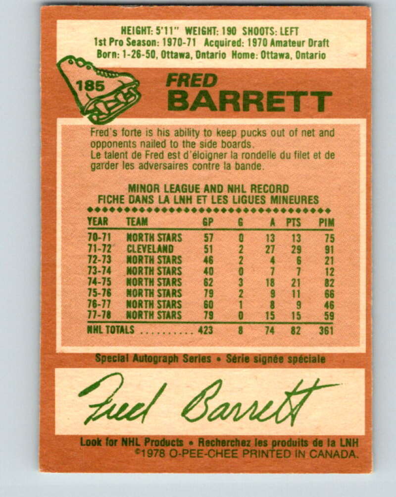 1978-79 O-Pee-Chee #185 Fred Barrett Minnesota North Stars V23500