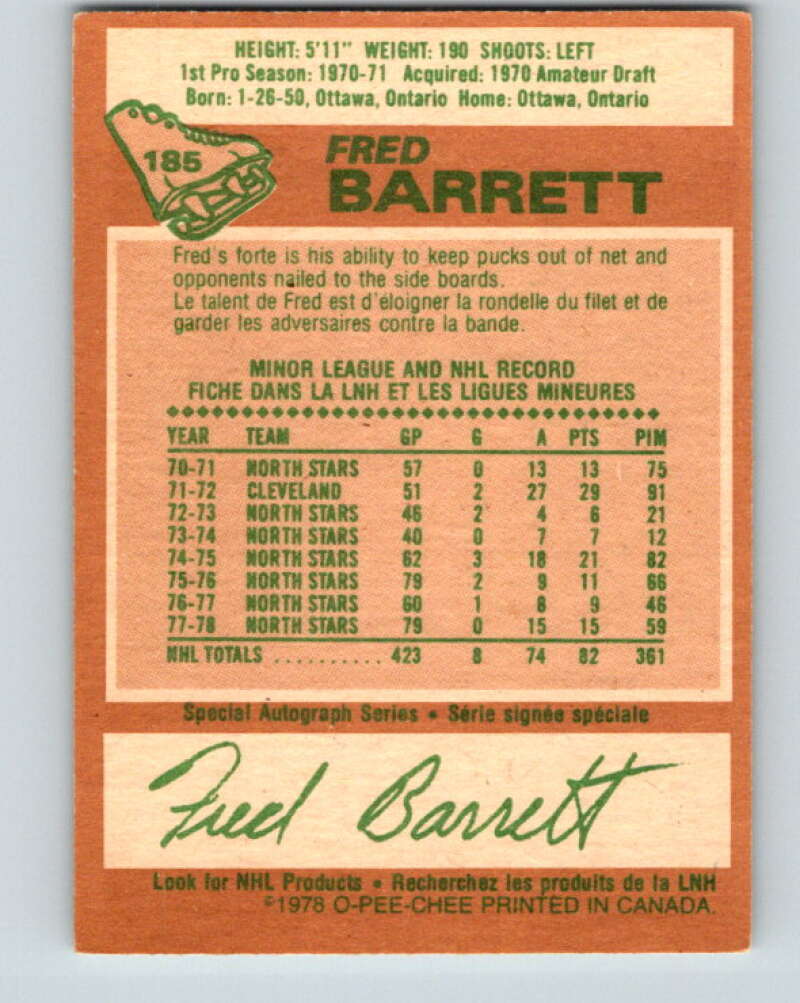 1978-79 O-Pee-Chee #185 Fred Barrett Minnesota North Stars V23509