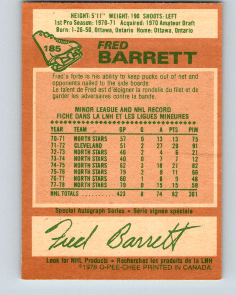 1978-79 O-Pee-Chee #185 Fred Barrett Minnesota North Stars V23515