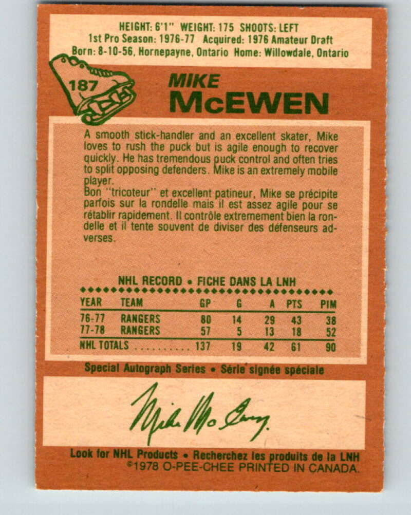 1978-79 O-Pee-Chee #187 Mike McEwen New York Rangers V23527