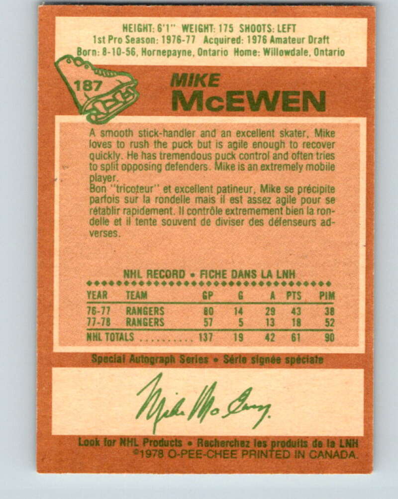 1978-79 O-Pee-Chee #187 Mike McEwen New York Rangers V23529