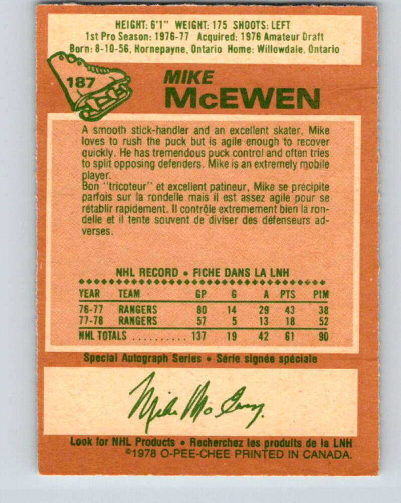 1978-79 O-Pee-Chee #187 Mike McEwen New York Rangers V23531