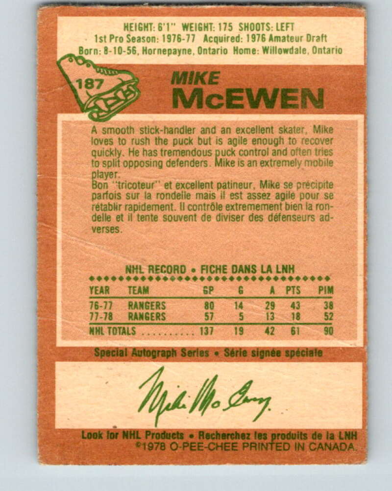 1978-79 O-Pee-Chee #187 Mike McEwen New York Rangers V23532