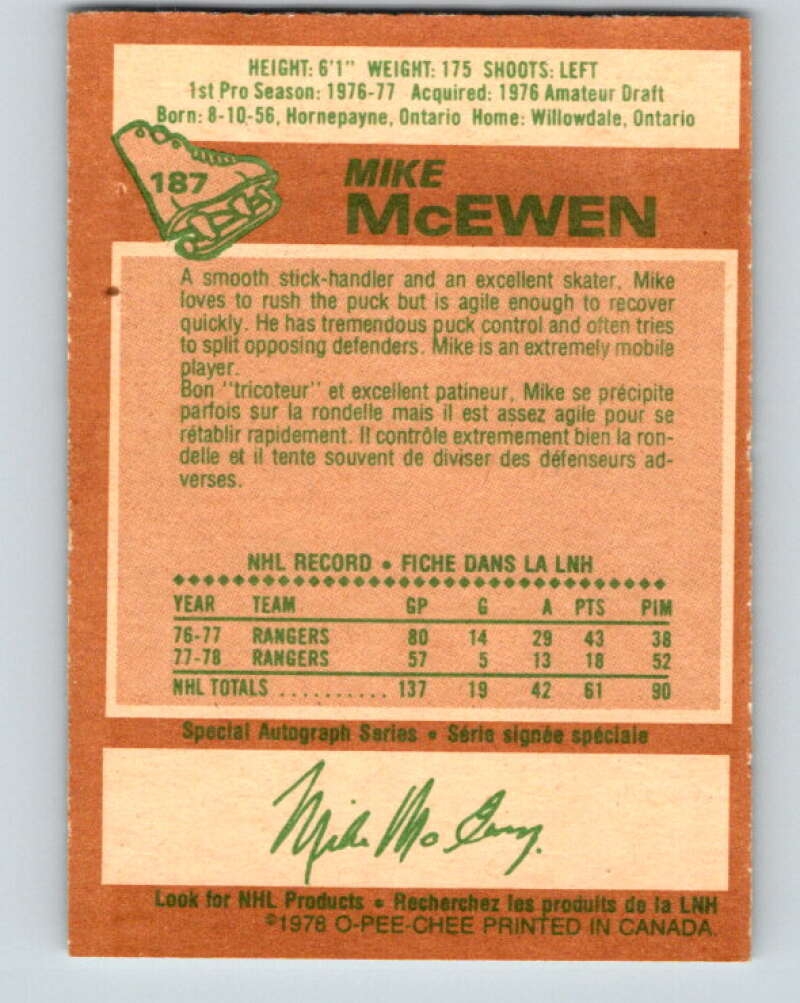 1978-79 O-Pee-Chee #187 Mike McEwen New York Rangers V23533