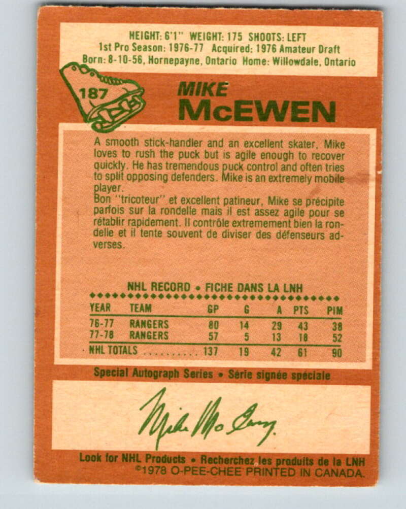 1978-79 O-Pee-Chee #187 Mike McEwen New York Rangers V23537