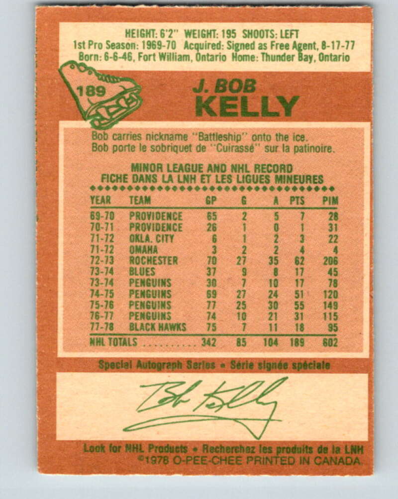 1978-79 O-Pee-Chee #189 J. Bob Kelly Chicago Blackhawks V23559