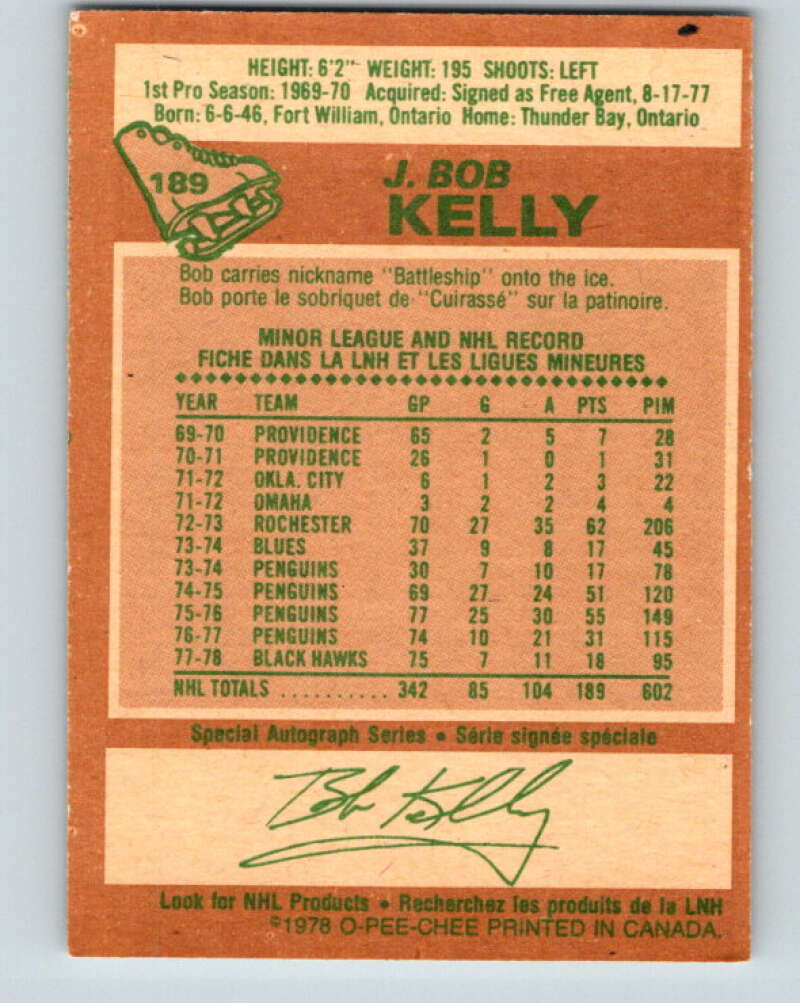 1978-79 O-Pee-Chee #189 J. Bob Kelly Chicago Blackhawks V23560
