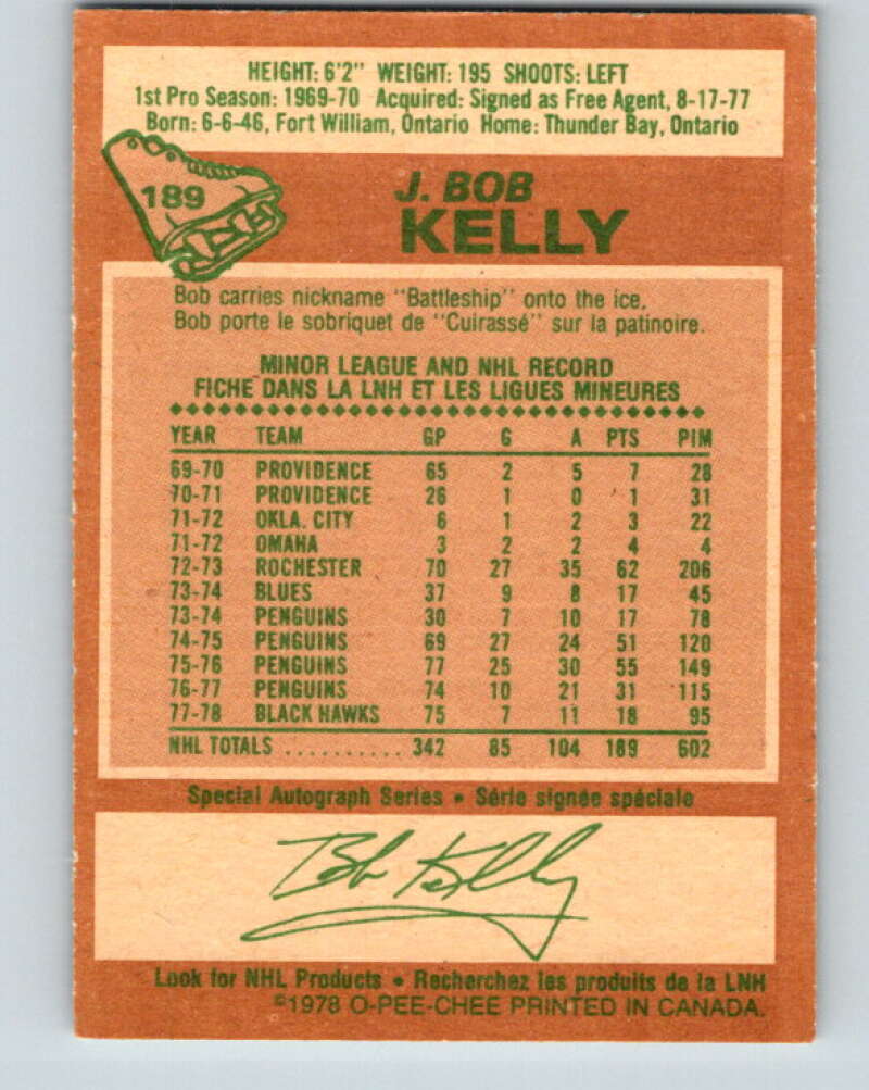 1978-79 O-Pee-Chee #189 J. Bob Kelly Chicago Blackhawks V23564