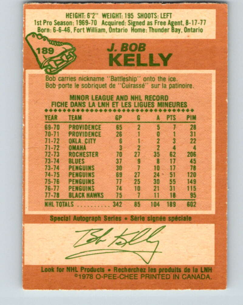 1978-79 O-Pee-Chee #189 J. Bob Kelly Chicago Blackhawks V23567