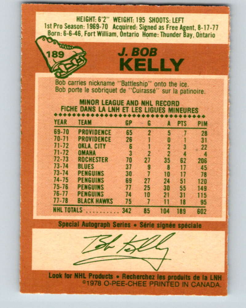 1978-79 O-Pee-Chee #189 J. Bob Kelly Chicago Blackhawks V23572