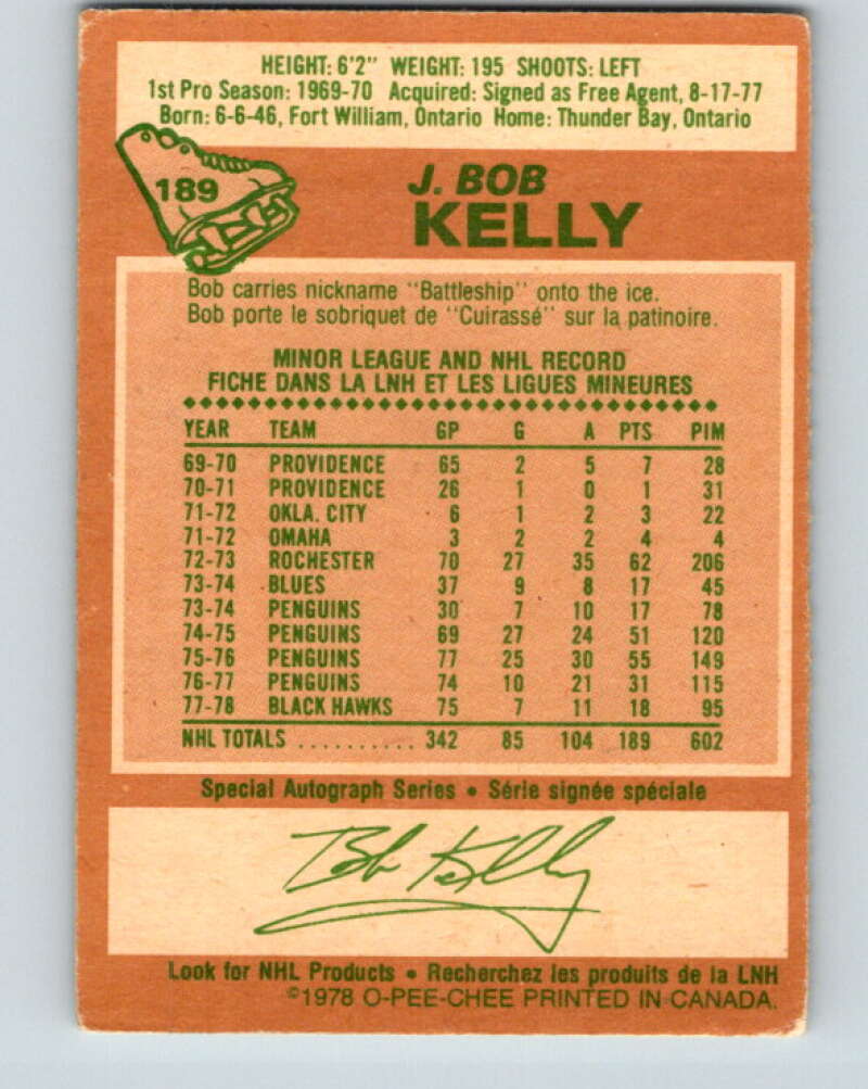 1978-79 O-Pee-Chee #189 J. Bob Kelly Chicago Blackhawks V23573