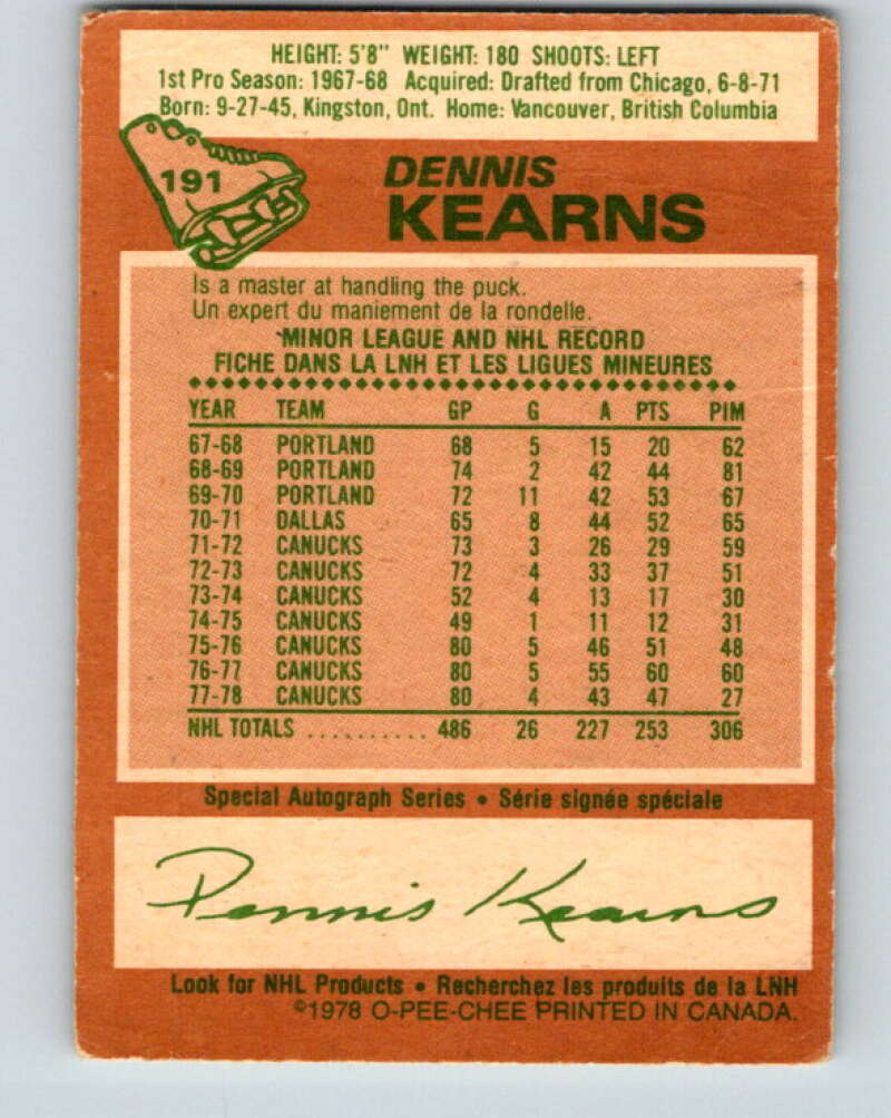 1978-79 O-Pee-Chee #191 Dennis Kearns Vancouver Canucks V23575