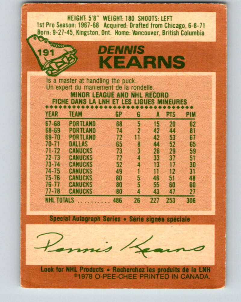 1978-79 O-Pee-Chee #191 Dennis Kearns Vancouver Canucks V23578