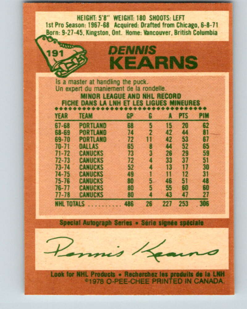 1978-79 O-Pee-Chee #191 Dennis Kearns Vancouver Canucks V23580
