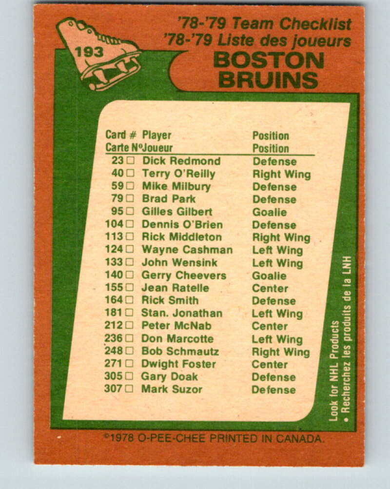 1978-79 O-Pee-Chee #193 Boston Bruins TC V23595